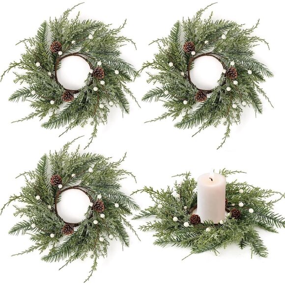 4-Piece Mini Wreath Candle Holders with Pine Cones - Perfect for Christmas Decor